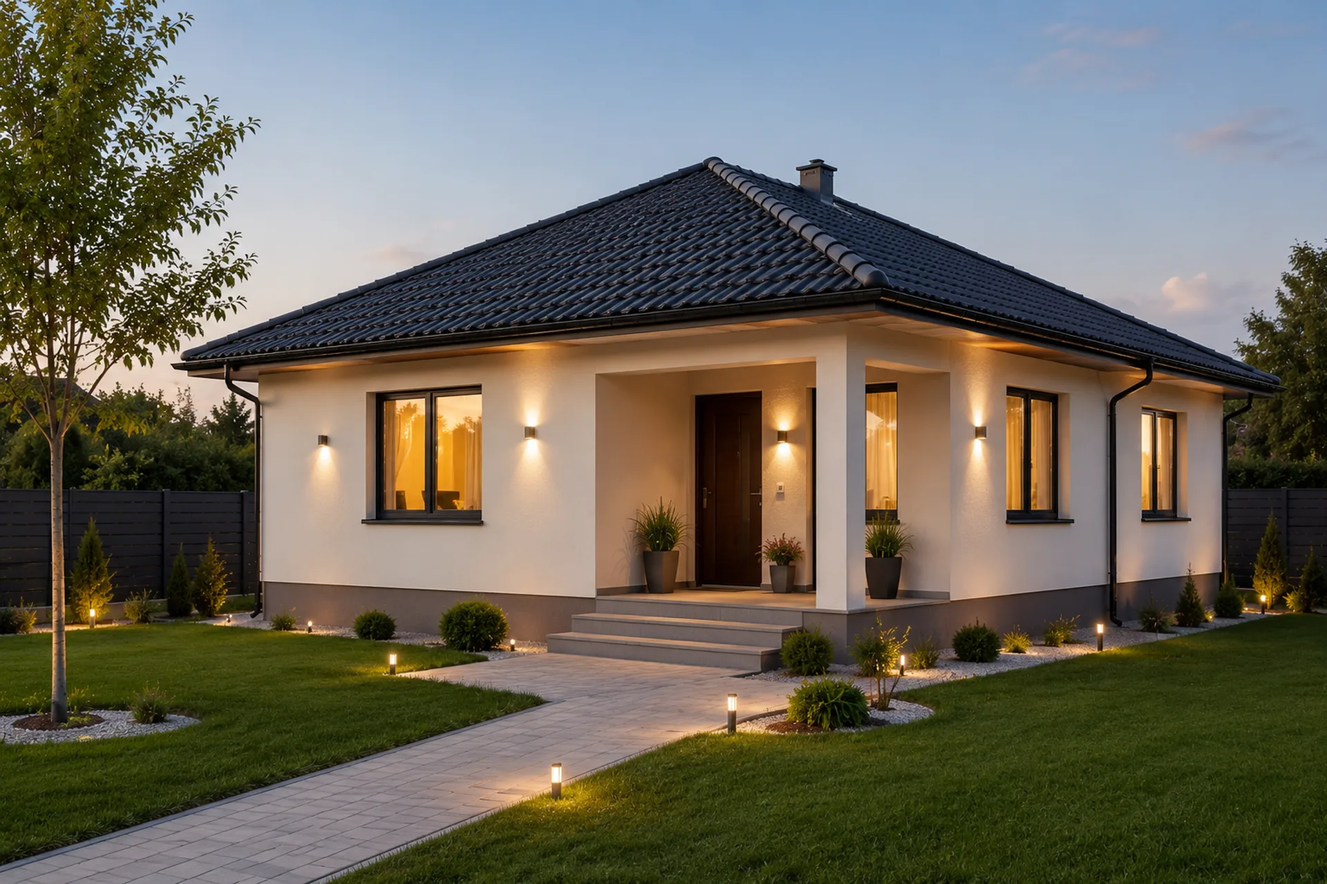 Casă modernă finalizată, luminată elegant în curtea amenajată, la amurg